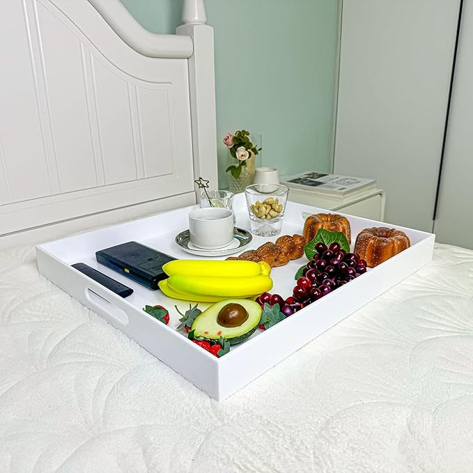 White Rectangular 18x20 Inches Acrylic Ottoman Tray Decorative Serving Tray with Cutout Handles Organizer Tray on Coffee Table Countertop Big Breakfast Bed Tray Living Room Appetizer Serving Food-Ruum Studio Home