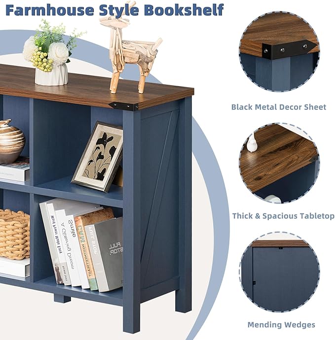 8 Cube Book Shelf, Farmhouse Wood Long Storage Organizer Bookcase, 62" Horizontal Navy Blue Console Closet Bookshelf, Hallway TV Stand for Entryway, Display Cabinet Book Case for Living Room-Ruum Studio Home