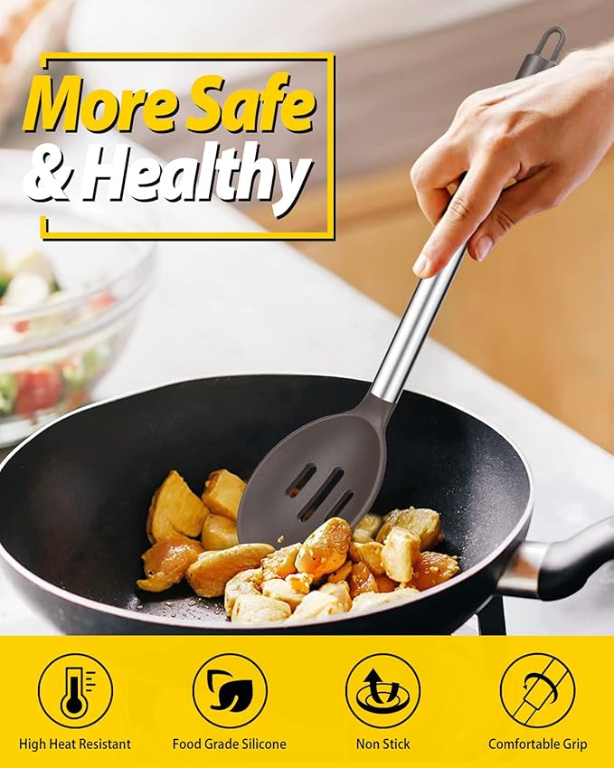 Pack of 2 Large Silicone Cooking Spoons,Non Stick Solid Basting Spoon,Heat-Resistant Kitchen Utensils for Mixing,Serving,Draining,Stirring (CHOCOLATE)-Ruum Studio Home