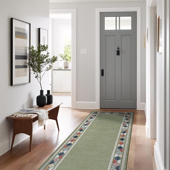 Beverly Rug Outdoor Runner Rug 2x7 Modern Floral Bordered Area Rugs for Indoor and Outdoor Patio Easy to Clean Non Shedding Living Room Porch Garden Washable Outside Carpet (2 x 7 Green)-Ruum Studio Home