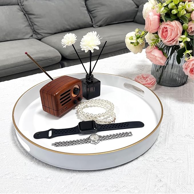 13" Round Decorative Tray, White Serving Tray with Handles, Plastic Coffee Table Tray for Ottoman, Living Room, Bathroom, Décor.-Ruum Studio Home