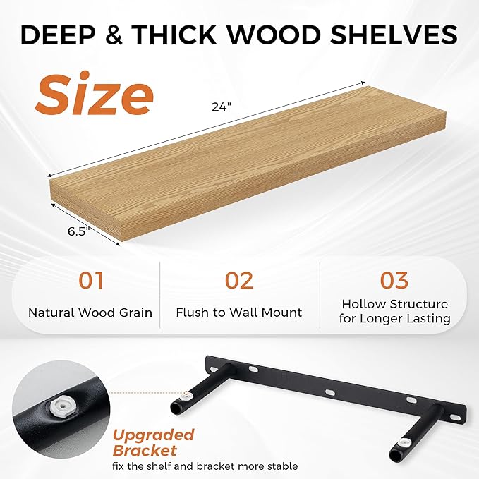 Fun Memories Floating Shelves for Wall, 24" Rustic Wood Deep Wall Mounted Shelves with Invisible Brackets for Decor & Storage, Floating Shelf for Living Room, Bathroom (Oak, Set of 2)-Ruum Studio Home