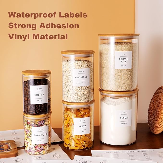 Set of 6 Glass Flour and Sugar jars with 132 Kitchen Pantry Labels - Thicken Large Glass Storage containers with Airtight Bamboo Lid - Glass Rice Canisters for Salt Coffee(100OZ/54OZ/27OZ)-Ruum Studio Home
