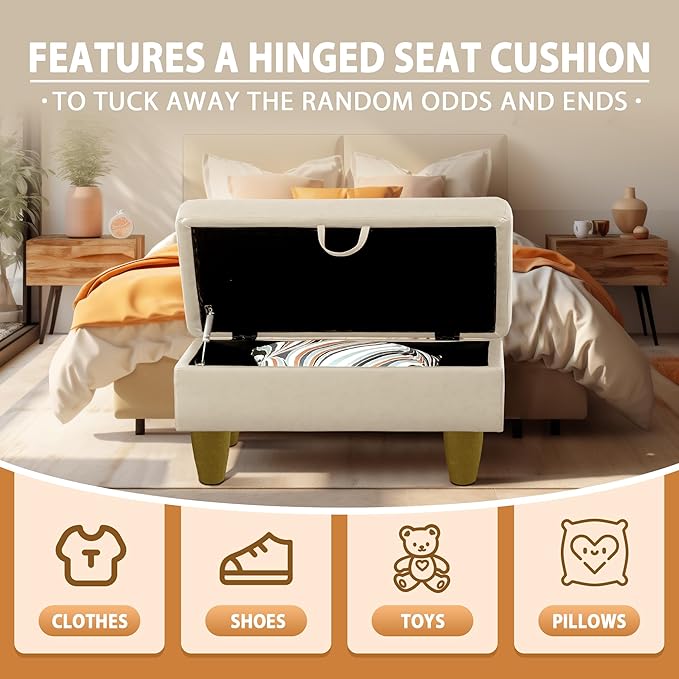 Ottoman Rectangular Storage Ottoman Bench, Faux Leather Footrest, Coffee Table, Stool Footstool with Hinged Lid for Living Room, Bedroom, Entryway, Pearl White, 28.5"x19"x17.5"-Ruum Studio Home