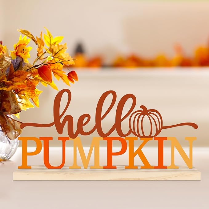 COCHIE Metal Hello Pumpkin Sign, Orange Fall Decorations for Home, Office, Shelf, Mantel, Indoor, Autumn Pumpkin Decoration, Hello Fall Decor (Autumn A)-Ruum Studio Home