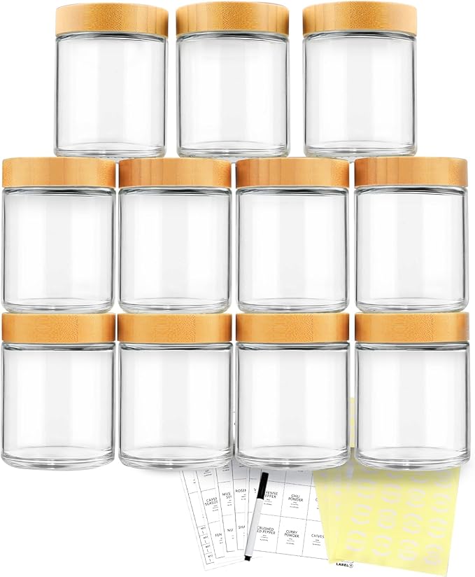 AISIPRIN Spice Jars with Label,12 Pcs 8oz Glass Jars with Bamboo Lids,Spice Organizer for Cabinet,Drawer, Rack, Seasoning Organizer Containers,Including 2 Type Labels-Ruum Studio Home