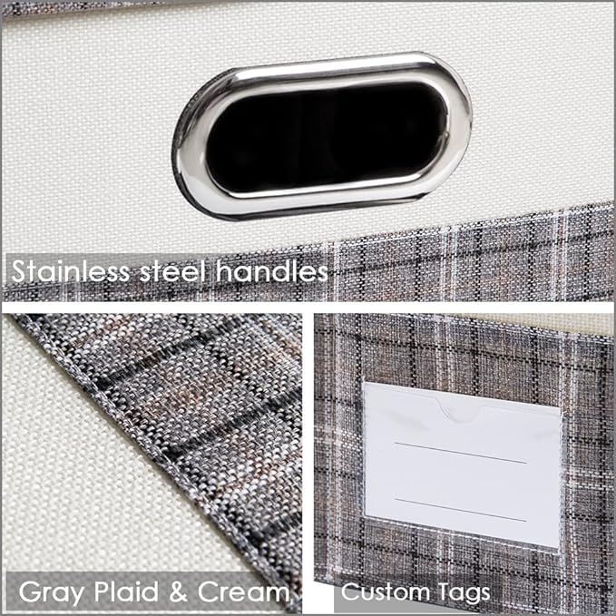 PRANDOM Large Collapsible Storage Bins with Lids [3-Pack] Fabric Foldable Storage Boxes Organizer Containers Baskets Cube with Cover for Home Bedroom Closet Office Gray plaid & Cream(17.7x11.8x11.8)-Ruum Studio Home