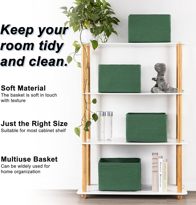 4 Pack Storage Baskets for Organizing, Woven Baskets for Shelves - Perfect for Toys, Books, Towels, and Clothes, Durable Gift Basket Bins Toy Storage, 12.7''L x9''W x7.8''H, Green-Ruum Studio Home