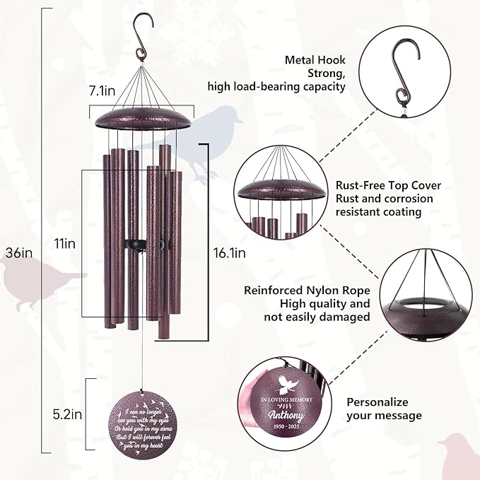 ASTARIN Large Engraving Wind Chime Memorial, Personalized Windchimes in Memory of a Loved One, Loss of Mother Lover Sympathy Gifts, Remembrance Gift for Loss Wife Husband(Produced in USA)-Ruum Studio Home