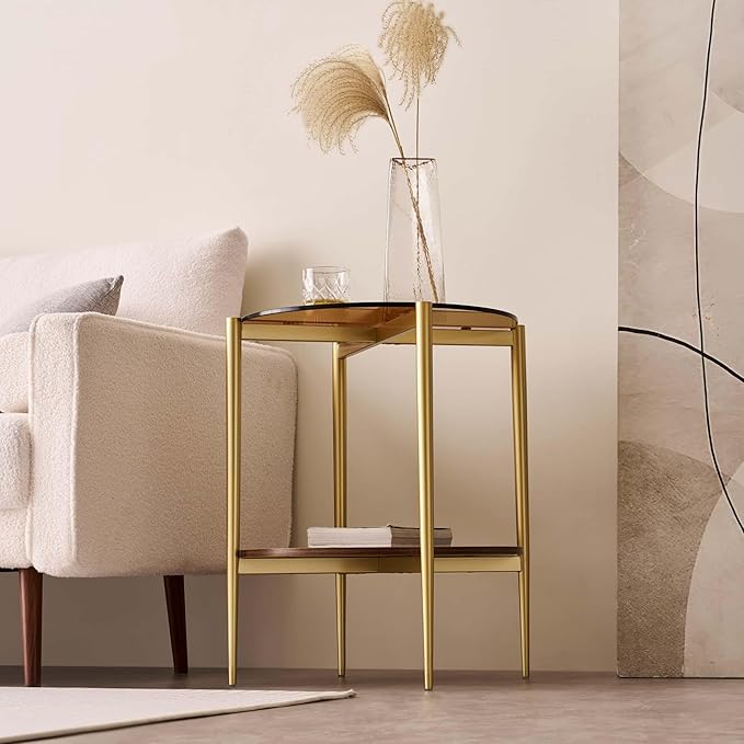 Round Glass End Table, Mid-Century Modern Design Sofa Table for Living Room, D18 x H23, 2-Tier Structure, Amber Glass Top and Walnut Shelf, Sleek Conical Legs with Gold Finish Frame-Ruum Studio Home
