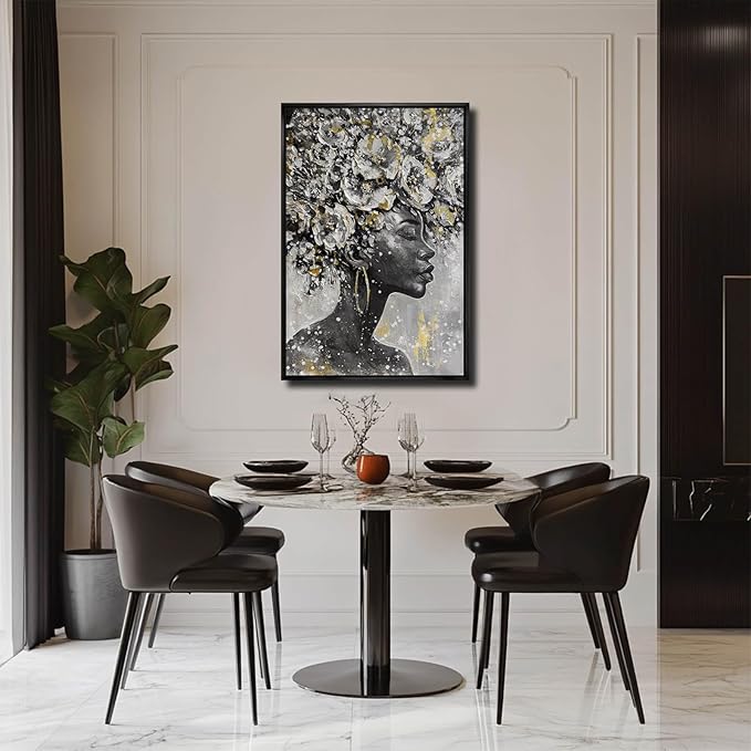 MLART99 Gold African American Wall Art Black Woman Wall Decor with Frame Vertical Floral Canvas Painting Modern Print Bedroom Living Room Decor 24x36 Inch-Ruum Studio Home