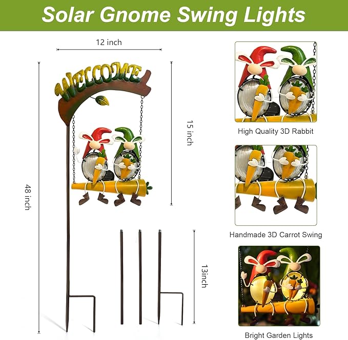 HONGLAND Solar Lights Outdoor Decor, Gnomes Swing Garden Decor, Funny Gardening Gifts for Women Mom, Gnome Outdoor Decorations with Welcome Sign for Front Porch Patio-Ruum Studio Home