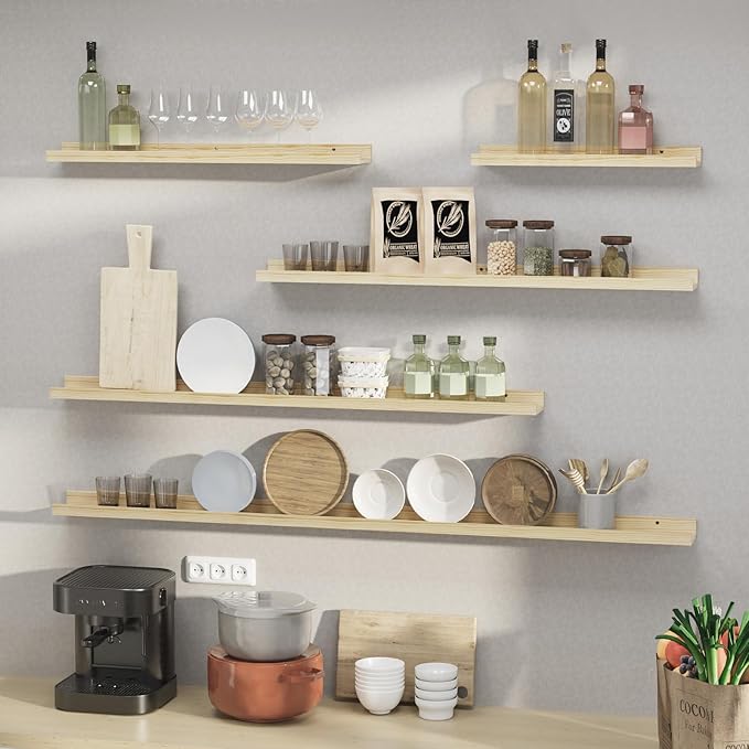 SAUMONIERES Picture Ledge Shelf Floating Book Shelves Set of 2 Wall Mounted Solid Wood for Bedroom Bathroom Living Room Kitchen, 48 Inch Natural-Ruum Studio Home