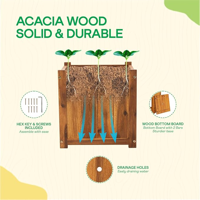 IDZO Acacia Wood Flower Planter Box for Outdoor Plants, 1pc Wooden Raised Garden Bed with Handles, Drainage Holes, Ideal for Garden and Home Décor, Light Cherry-Ruum Studio Home