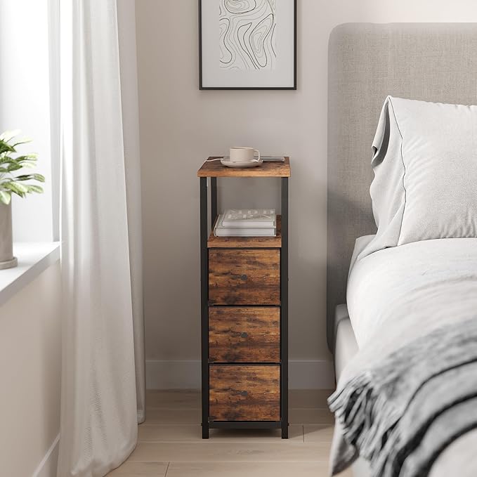 TUTOTAK Narrow Night Stand, Slim End Table, Tall Side Table with 3 Fabric Drawer, Small Bedside Table with Storage, Set of 2, for Living Room, Bedroom, Brown TB01BB072-Ruum Studio Home