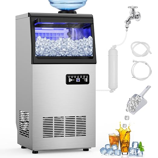 Commercial Ice Maker Machine 120 LBS/24H, 40 Ice Trays Freestanding & Undercounter Ice Machine Stainless Steel with 20 LBS Ice Storage Capacity, Ice Maker with Water Line and Filter, Dual Water Inlet-Ruum Studio Home