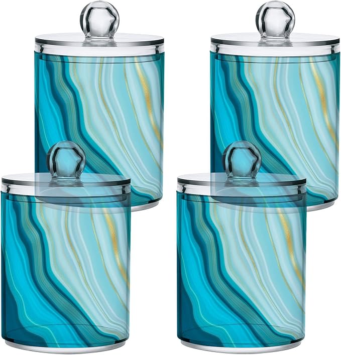 2 Pack Qtip Holder Dispenser Teal Turquoise Blue Marble Bathroom Storage Canister Lid Acrylic Plastic Apothecary Jar Set Vanity Makeup Organizer for Cotton Swab/Ball/Round Pads, Floss-Ruum Studio Home