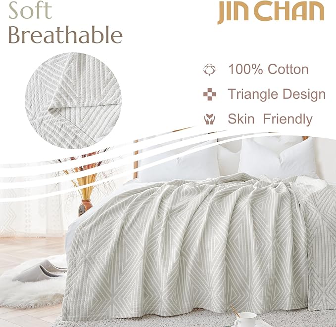 jinchan Boho 100% Cotton Blanket Muslin 50x60 Inches Lightweight 3-Layer Geometric Triangle Striped Pattern Reversible Quilt Throw Soft Breathable Comfy All Seasons for Couch Bed Decor, Light Grey-Ruum Studio Home