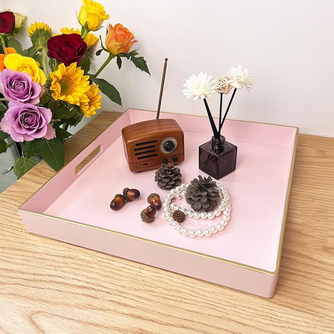 Pink Decorative Tray, Square Serving Tray with Handles, Plastic Coffee Table Tray for Ottoman, Living Room, Kitchen Tabletop, 13"x13"x1.6"-Ruum Studio Home