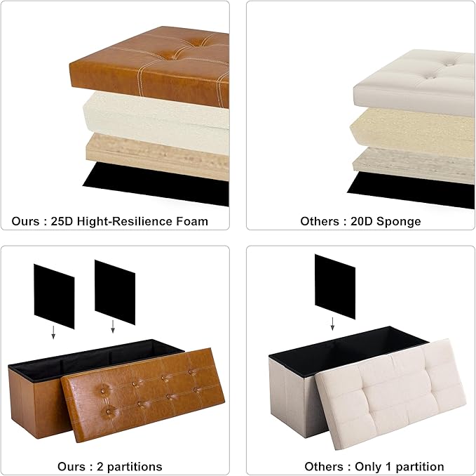 43 Inches Folding Storage Ottoman Bench, PU Leather Storage Chest, Footrest Padded Seat for Bedroom and Hallway, Holds up to 660 lbs, Light Brown-Ruum Studio Home