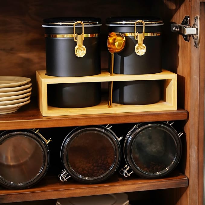 Yangbaga 304 Stainless Steel Coffee Canisters for Ground Coffee,2 x 63OZ Coffee Container with Shelf Coffee Bean Storage, Food Storage Jar with Gold Airtight Locking Clamp and Spoon for Kitchen-Ruum Studio Home