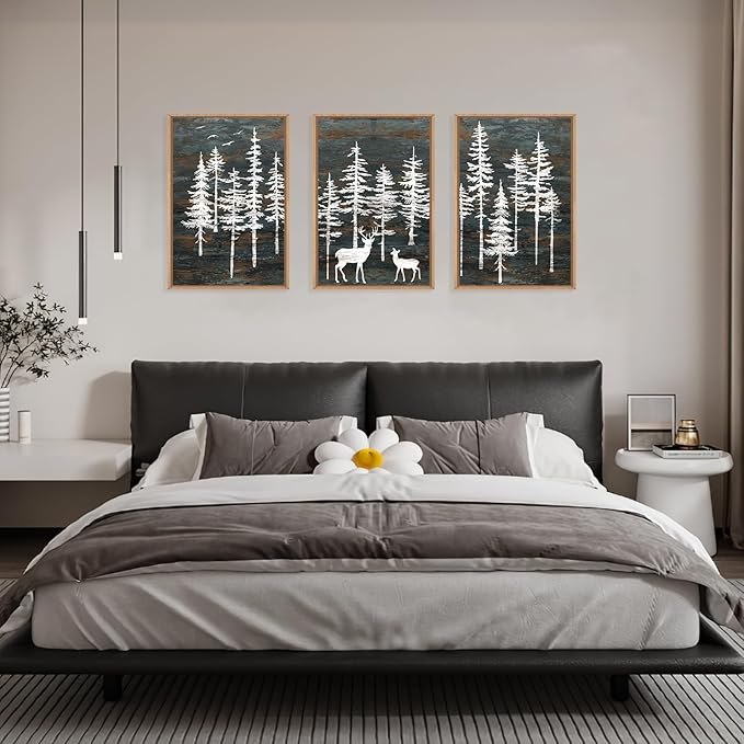 Celestdeco Modern White Forest Framed Canvas Wall Art Set, Minimalist Woodland Art Painting, Retro Tree Landscape Wall Decor, Wildland Deer Artwork for Living Room, Dining Room, Office - 24"x36"x3-Ruum Studio Home
