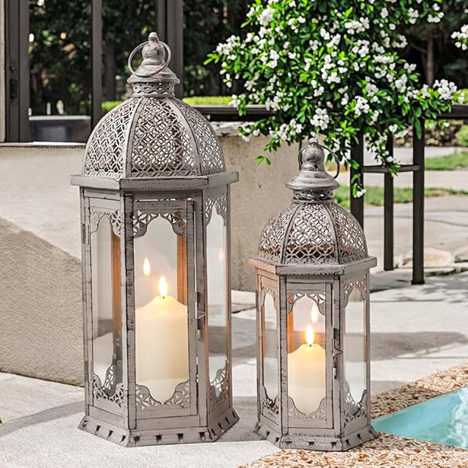 JHY DESIGN Set of 2 Decorative Candle Lanterns 22"&17" H Vintage Metal Candle Holder for Garden Indoor Outdoor Parties Weddings Patio Home Decor(Grey with Black Brush)-Ruum Studio Home