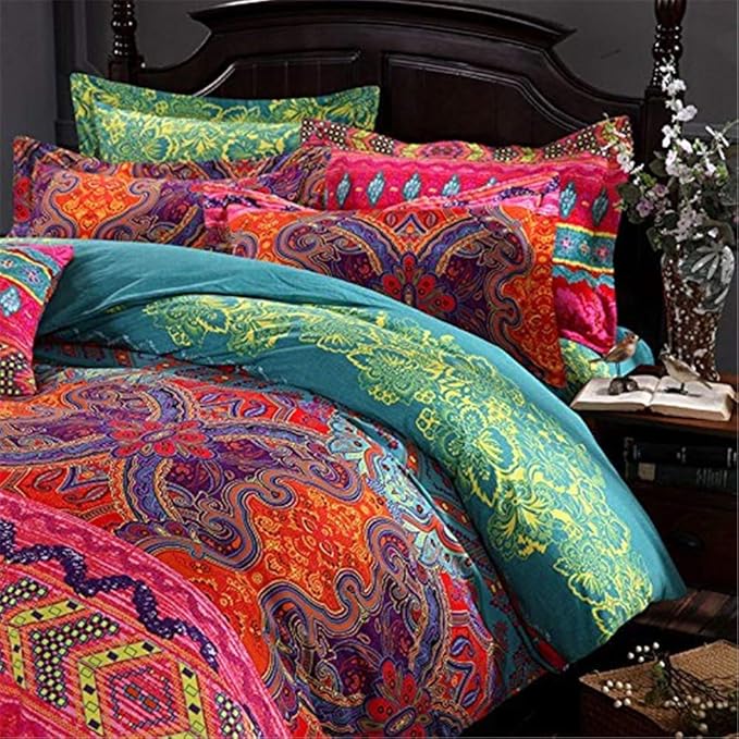 ABREEZE 3Pcs Bohemia Retro Bedding Ethnic Vintage Floral Duvet Cover Boho Bedding 100% Brushed Cotton Bedding Sets Damask Paisley Coloful Mandala Down Comforter Cover,King-Ruum Studio Home