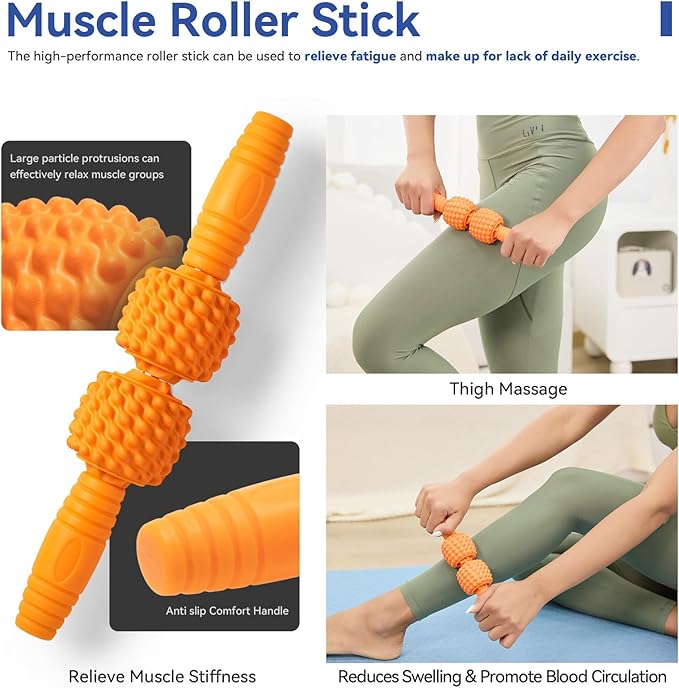 5 in 1 Foam Roller Set - Deep Tissue Foam Roller, Muscle Roller Stick, Massage Ball, Resistance Band for Physical Therapy & Deep Tissue Muscle Massage (Orange)-Ruum Studio Home