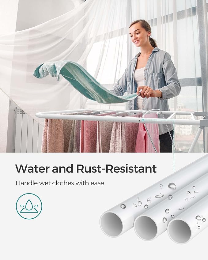 SONGMICS Clothes Drying Rack, with Sock Clips, Metal Laundry Rack, Foldable, Space-Saving, Free-Standing Airer, with 2 Height-Adjustable Gullwings, Indoor Outdoor Use, White and Gray ULLR052W02-Ruum Studio Home