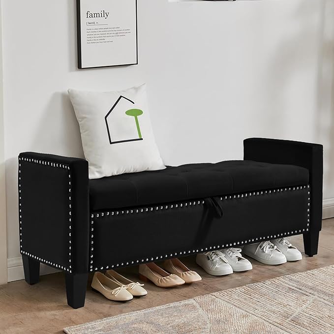 Storage Ottoman Bench, Velvet Upholstered Footstool for Bedroom and Living Room, Tufted Seat with Storage, Wooden Legs & Metal Rivets, Black-Ruum Studio Home