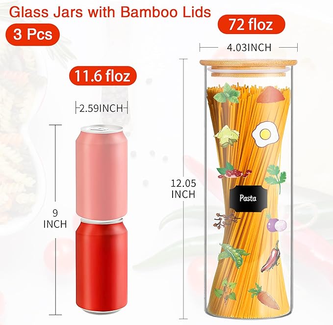 Glass Jars with Bamboo Lids, 72oz 3Pcs Kitchen Glass Containers with Bamboo Lids, Airtight Glass Pantry Storage Containers with Lids for Spaghetti, Pasta, Rice, Nuts, Flour, Bean, Dry Foods-Ruum Studio Home