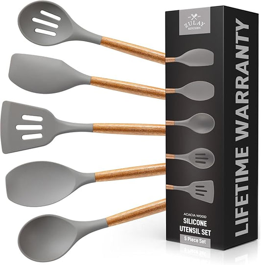 Zulay Kitchen Utensils Set Non-Stick Silicone Cooking Utensils Set with Authentic Acacia Wood Handles - 5 Piece Silicone Utensil Set - Kitchen Utensils Set with 464°F Heat Resistance - Gray-Ruum Studio Home