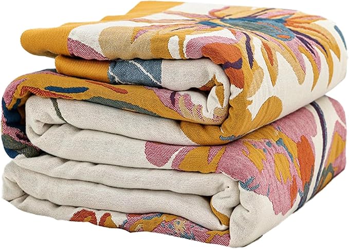 Boho Throw Blanket for Couch Sofa Bed, 100% Cotton Woven Quilt with Tassel 60”x80”, Super Soft Muslin Blanket with Floral Printed, Decorative Reversible Bed Blanket/Cover for All Seasons-Ruum Studio Home