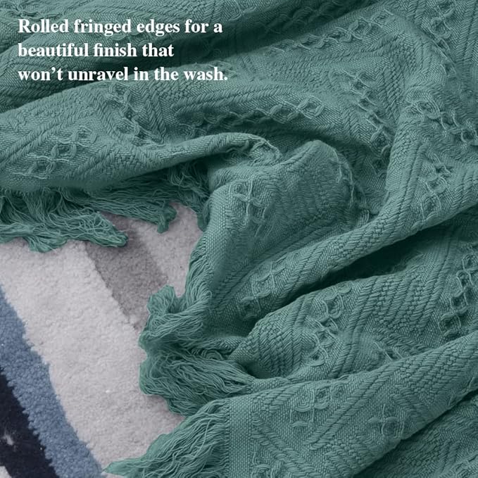 Simple&Opulence 100% Cotton Throw Blanket for Bed, Couch, Boho Luxury Geometric Knit Woven Blanket with Tassels Soft Lightweight Cozy Breathable, Vintage Farmhouse Decoration for All-Season(Green)-Ruum Studio Home