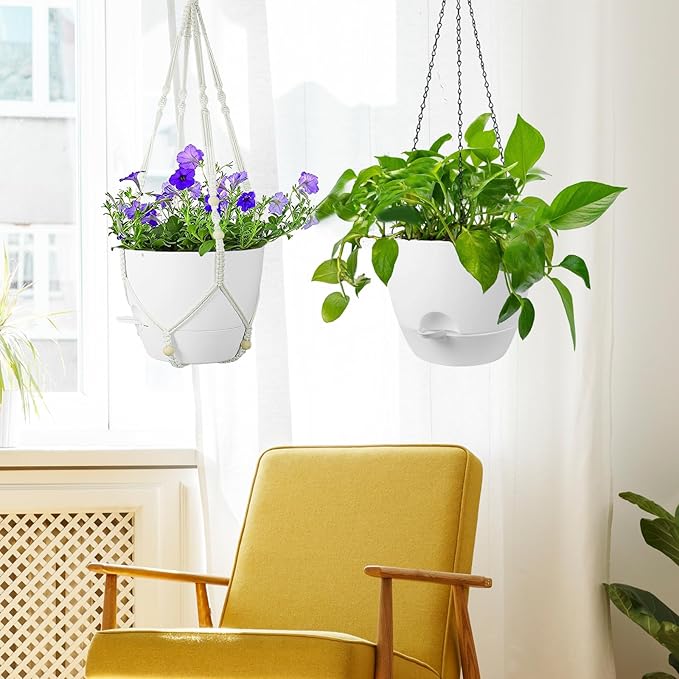 10 inch Self Watering Hanging Planters, 2 Pack Hanging Flower Pots for Indoor Outdoor Plants, Hanging Baskets with Drainage Holes & 2 Kinds of Plant Hangers for Garden Home Decor, White-Ruum Studio Home