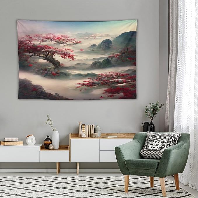 Japanese Tapestry, Red Plum Cherry Blossom Mountain, Asian Wall Art, Nature Landscape for Bedroom & Living Room Decor, 60"x40"-Ruum Studio Home