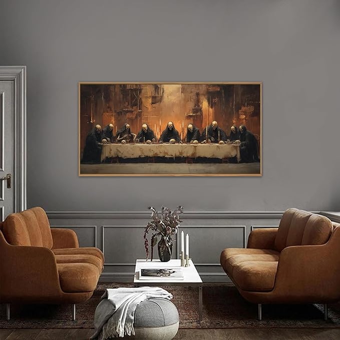 KAIRNE Framed Skeleton Canvas Wall Art,Abstract Retro Skull Print Set of 1(40”X20”),Scary Halloween Pictures,Horror Wall Art,Skeleton Last Supper Posters for Living Room Bedroom Ding Room Office Decor-Ruum Studio Home