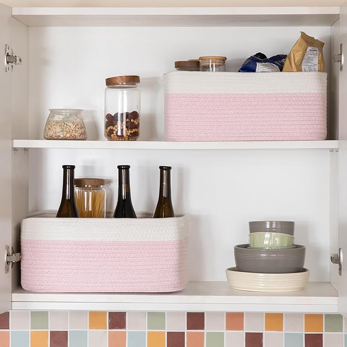 Storage Baskets for Organizing 3 Pack, Woven Baskets for Shelves, Closet Organizer Bins Empty Gift Basket Toy Storage for Toys, Books, Towels, Clothes, 15"x11.42"x6.7", Pink-Ruum Studio Home