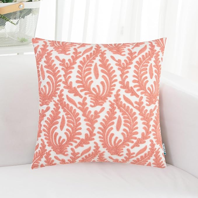 HWY 50 Coral Pink Decorative Throw Pillow Covers 18x18 Inch (1 Piece), Embroidered Cotton Farmhouse Cushion Cover Pillow Case for Sofa Couch Living Room Bed Bedroon, Floral Branches-Ruum Studio Home