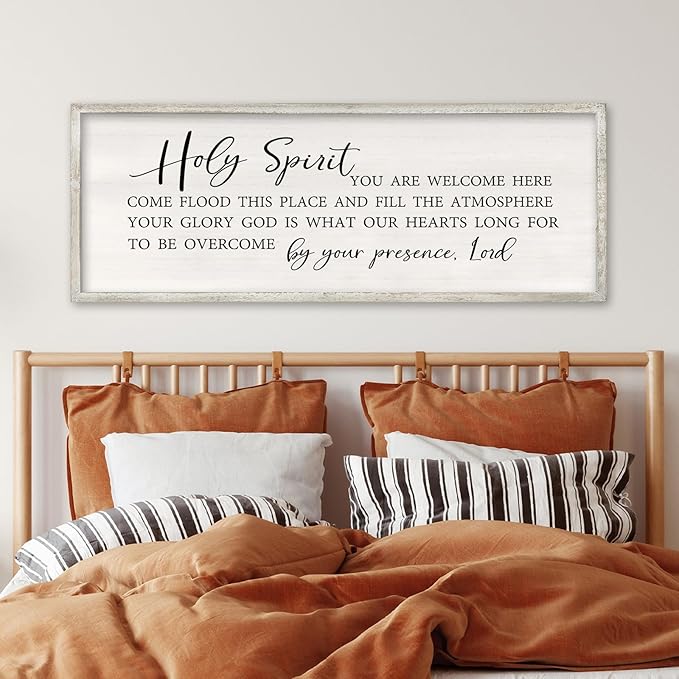 Holy Spirit You are Welcome Here Wall Decor Art 40x15 Inch Large Christian Song Bible Verse Plaque Wood Framed Sign Living Room Scripture Quote Religious For Office Wall Hanging (White)-Ruum Studio Home