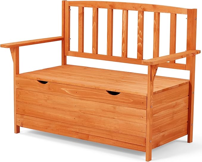 AVAWING Outdoor Storage Bench, Wooden Garden Bench Weatherproof, Patio Benches for Outside, 2-Seat Front Porch Bench, Park Bench for Deck, Lawn, Backyard(Natural)-Ruum Studio Home