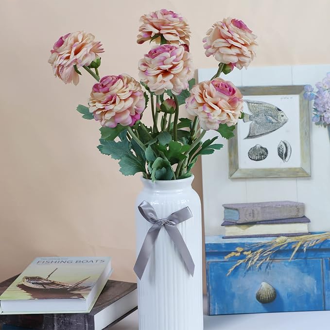 Artificial Ranunculus Flowers 23 Inch Long Stem - 6 Pack Silk Buttercup Stems for Wedding Bouquets, Centerpieces,Home Decor - Realistic Deep Pink Faux Floral Arrangements (Deep Pink)-Ruum Studio Home