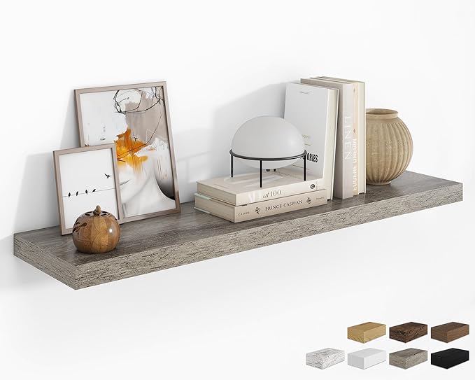 RICHFOCUS 48Inch Floating Shelves for Wall 1 Pack Shelves for Bedroom|Kitchen|Bathroom Wall Mounted Rustic Wood Floating Shelf with Invisible Brackets for Books|Storage|Decor, Grey-Ruum Studio Home