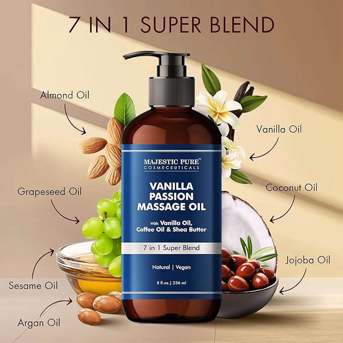 MAJESTIC PURE Vanilla Passion Massage Oil for Massage Therapy - Refreshing, and Relaxing - Natural Oils with Vanilla Oil, Coffee Oil & Shea Butter - for All Skin Types - Men and Women - 8 fl oz-Ruum Studio Home
