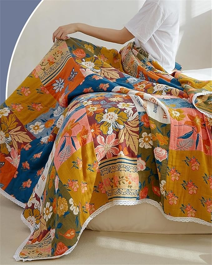Throw Blanket for Couch Bed, 100% Cotton Muslin 60''x80'' Travel Bed Blankets Mexican Boho Quilt Flowers Blanket Lightweight Blanket Soft Warm Throws Gifts for Women Mom-Ruum Studio Home