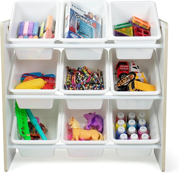 Humble Crew 9-Bin Toy Organizer – Hampton Sandwashed with White Plastic Bins, 3-Tier Storage Solution for Kids' Playrooms and Nurseries-Ruum Studio Home