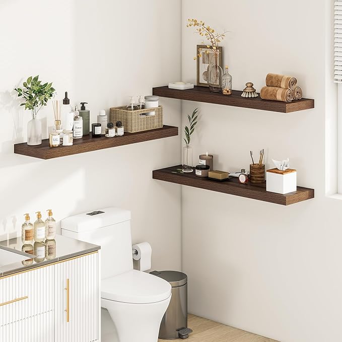 Wide Floating Shelves for Wall 12 Inch Deep, 36" X 12" X 2" Floating Shelf, 2 Inch Thick Shelf for Bathroom Bedroom Kitchen Book Room, Heavy Duty 65lbs Shelves for Farmhouse Decor Set of 2, Walnut-Ruum Studio Home