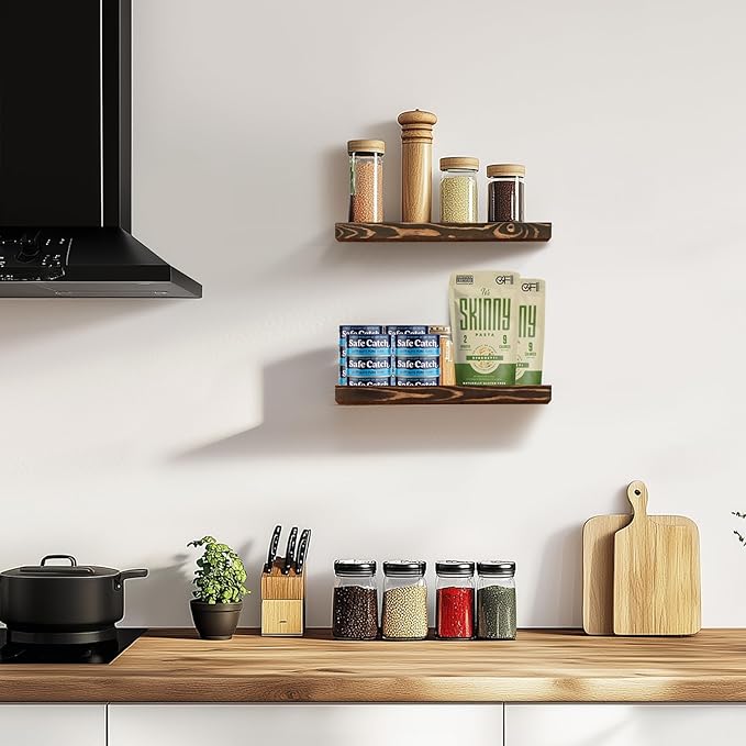 Floating Wall Shelves - 16"x6.8"x1.2" Sturdy Rustic Brown Solid Wood Shelves for Storage and Décor, Easy Installation for Living Room, Bedroom, and Kitchen - 2 Pack-Ruum Studio Home