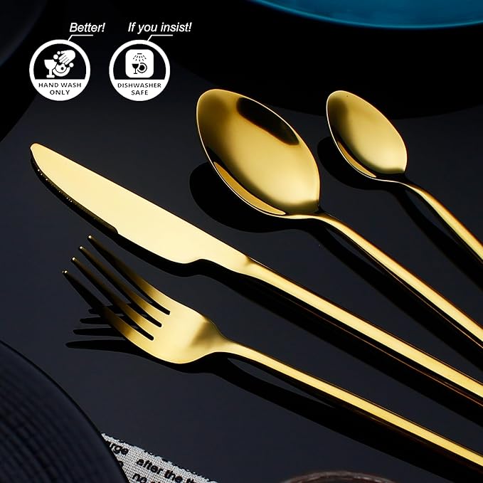 24 Piece Silverware Set For 6 Gold Heavy duty 18/10 Stainless Steel Flatware Set Modern Design Knife/Fork/Spoon Mirror Polished Dishwasher Safe Cutlery Set with Gifts-Ruum Studio Home
